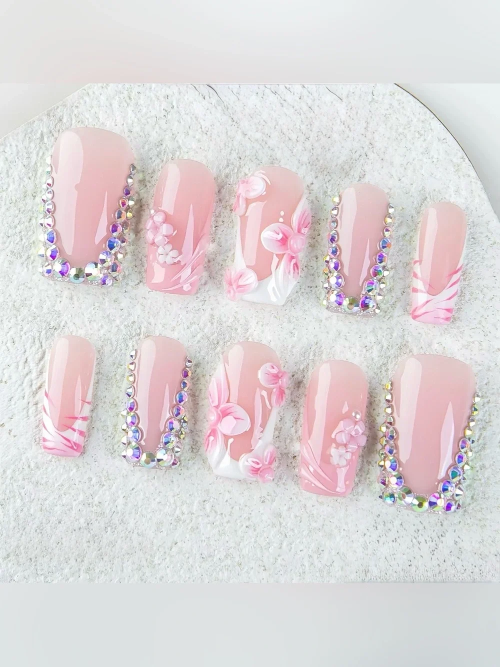 Pink Floral Press-On Nail Set with Rhinestones by Lovful